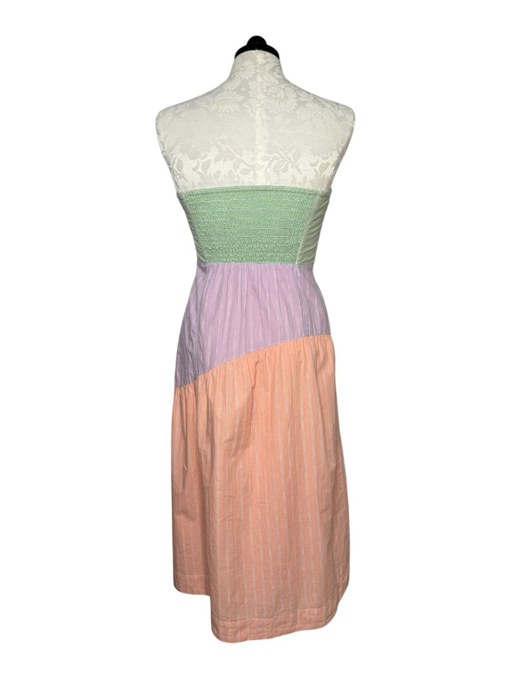 Maeve Strapless Colorblock Pinstripe Midi Dress small pink purple green - Picture 4 of 10